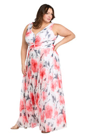 Coral and Ivory Chiffon Maxi Dress with Nude V-Neck Insert - Plus