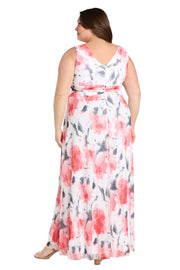 Coral and Ivory Chiffon Maxi Dress with Nude V-Neck Insert - Plus