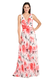 Coral and Ivory Chiffon Maxi Dress with Nude V-Neck Insert