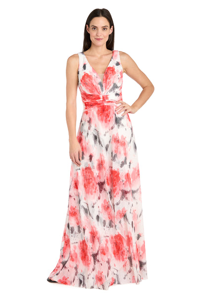 Coral and Ivory Chiffon Maxi Dress with Nude V-Neck Insert