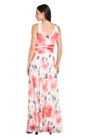Coral and Ivory Chiffon Maxi Dress with Nude V-Neck Insert