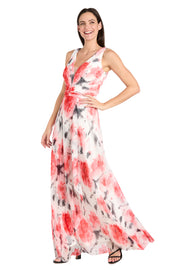 Coral and Ivory Chiffon Maxi Dress with Nude V-Neck Insert