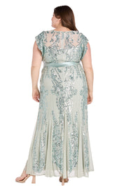 Sage Sequin Godet Gown with Satin Bow - Plus