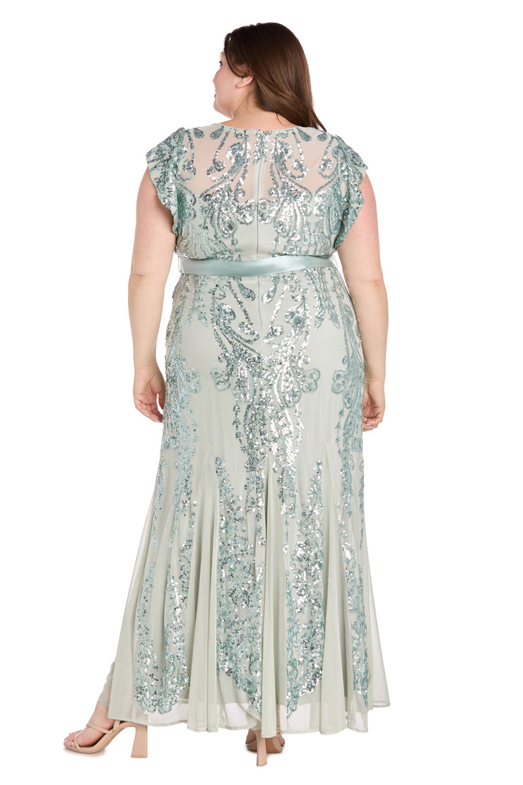 Sage Sequin Godet Gown with Satin Bow - Plus