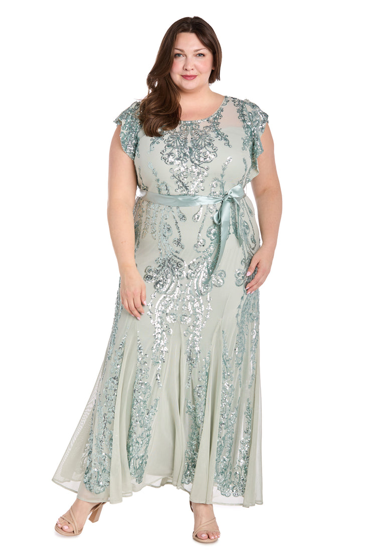 Sage Sequin Godet Gown with Satin Bow - Plus