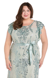 Sage Sequin Godet Gown with Satin Bow - Plus