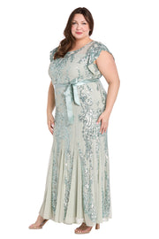 Sage Sequin Godet Gown with Satin Bow - Plus