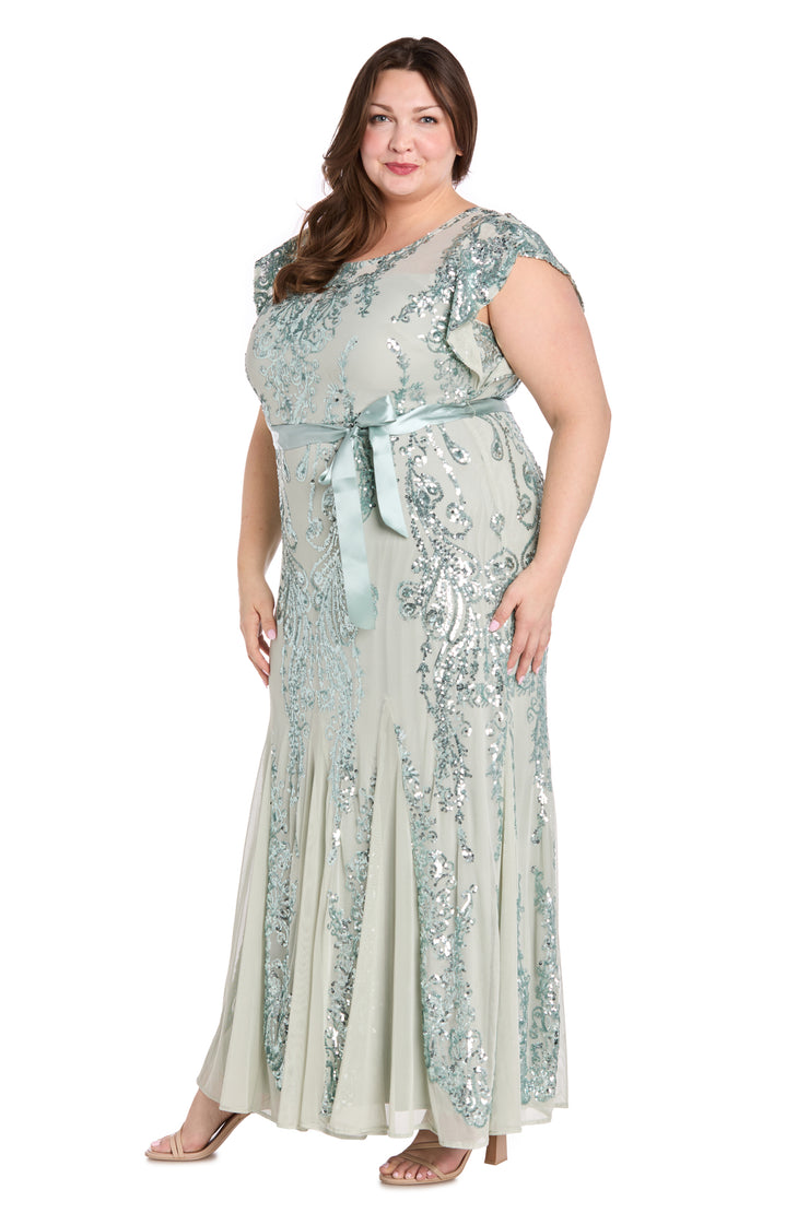 Sage Sequin Godet Gown with Satin Bow - Plus