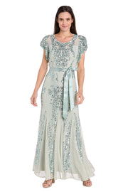 Sage Sequin Godet Gown with Satin Bow - Petite