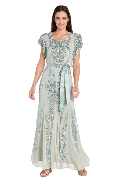 Sage Sequin Godet Gown with Satin Bow - Petite