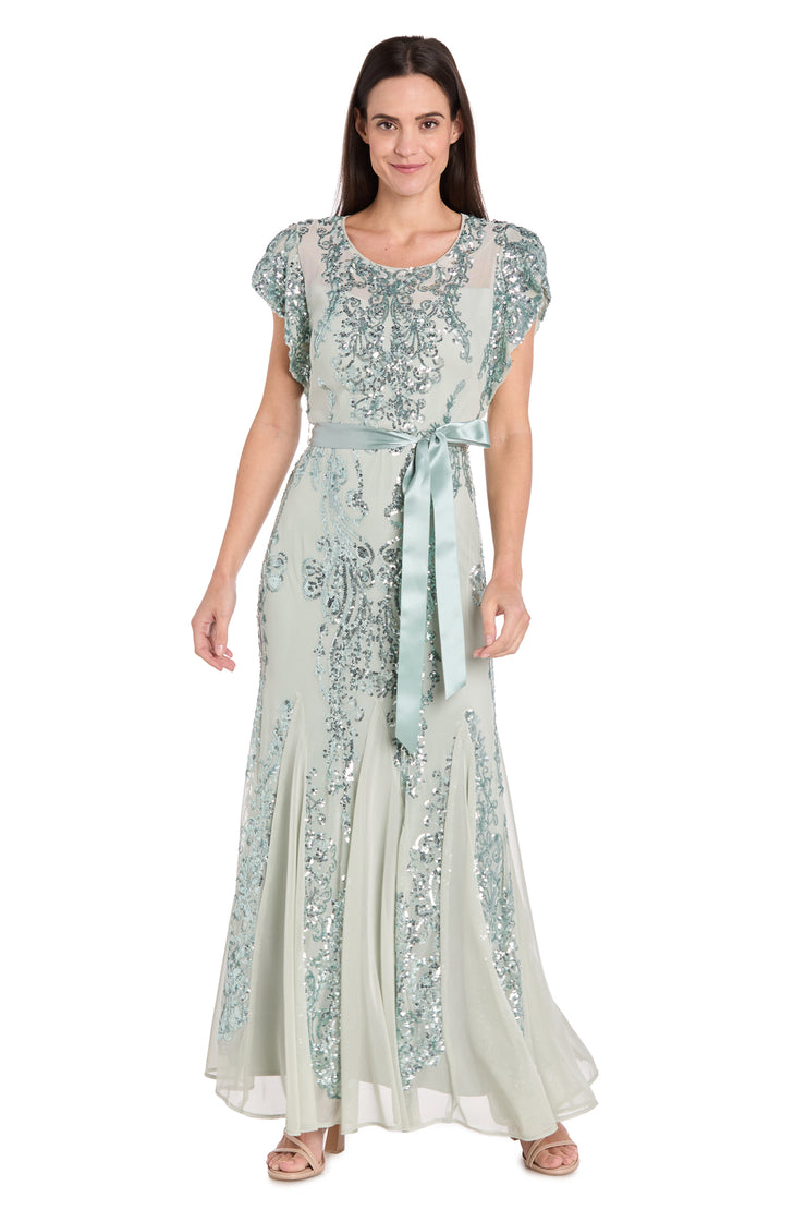 Sage Sequin Godet Gown with Satin Bow - Petite