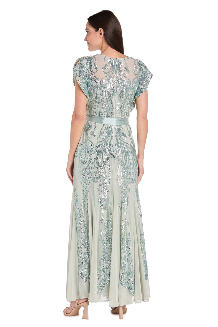 Sage Sequin Godet Gown with Satin Bow - Petite