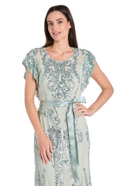 Sage Sequin Godet Gown with Satin Bow - Petite