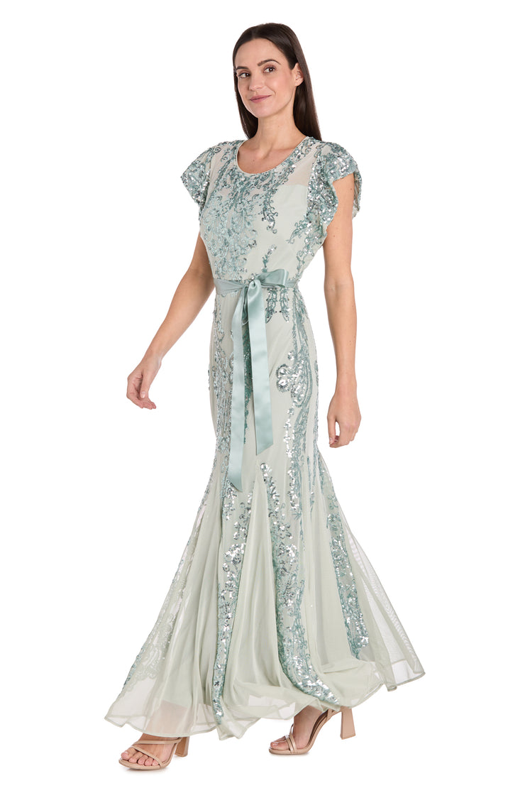 Sage Sequin Godet Gown with Satin Bow - Petite