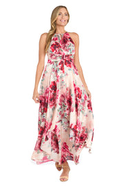 Flowy Chiffon Maxi Dress with Rose Print and Tiered Skirt