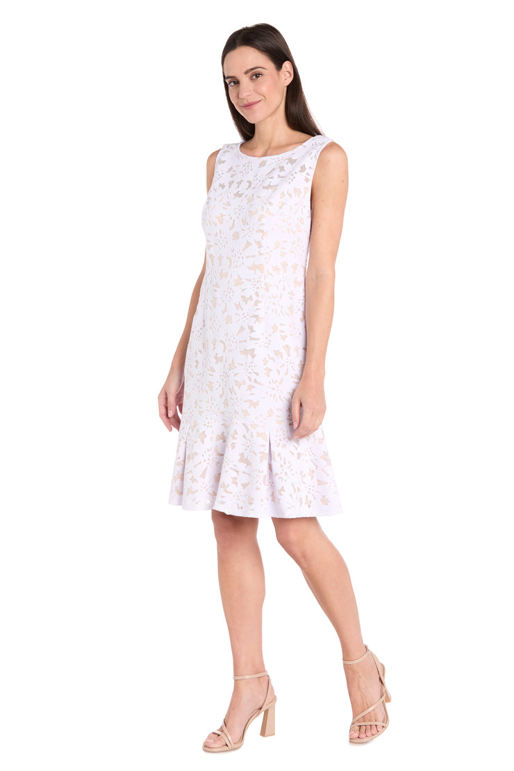 White Lace Sleeveless Dress with Nude Lining - Petite