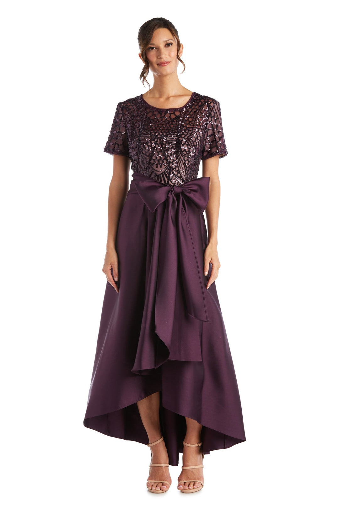 High-Low Satin Skirt, Bow at Waist, and Sequin Top Dress
