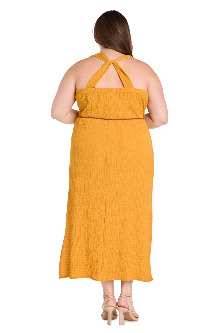 Stretchy Woven Long Dress with Braided Leather Belt and Beaded Charms - Plus