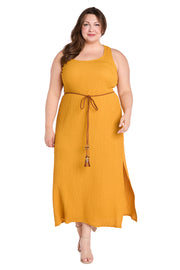 Stretchy Woven Long Dress with Braided Leather Belt and Beaded Charms - Plus