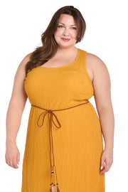 Stretchy Woven Long Dress with Braided Leather Belt and Beaded Charms - Plus