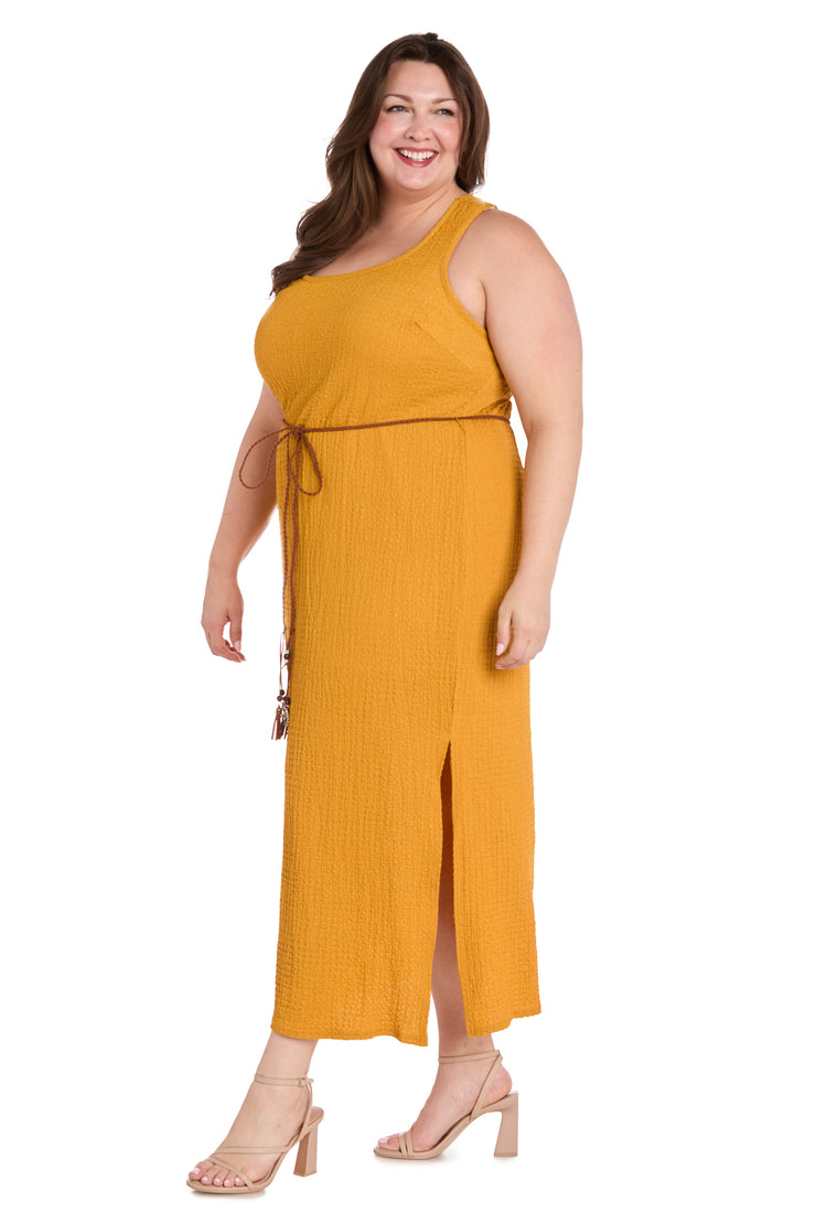 Stretchy Woven Long Dress with Braided Leather Belt and Beaded Charms - Plus