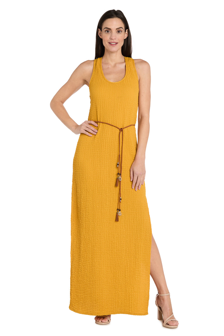 Stretchy Woven Long Dress with Braided Leather Belt and Beaded Charms