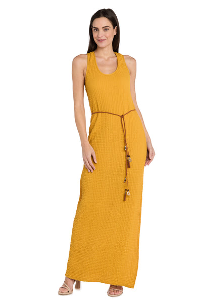 Stretchy Woven Long Dress with Braided Leather Belt and Beaded Charms