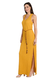 Stretchy Woven Long Dress with Braided Leather Belt and Beaded Charms - Petite