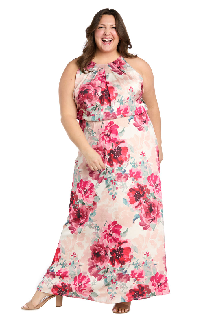 Cream Rose Floral High Halter Neck Long Dress with Elastic Waistband - Plus