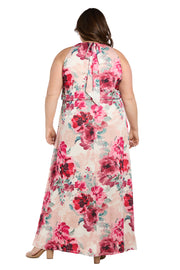 Cream Rose Floral High Halter Neck Long Dress with Elastic Waistband - Plus