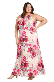 Cream Rose Floral High Halter Neck Long Dress with Elastic Waistband - Plus