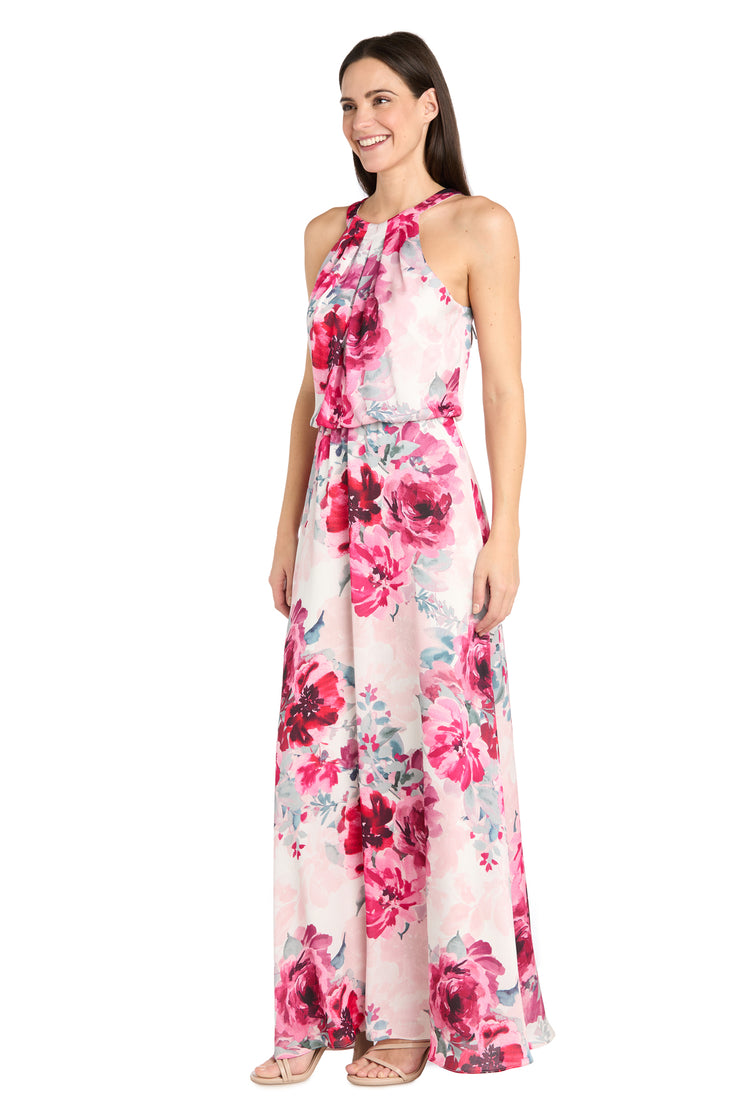 Cream Rose Floral High Halter Neck Long Dress with Elastic Waistband - Petite