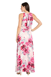 Cream Rose Floral High Halter Neck Long Dress with Elastic Waistband - Petite