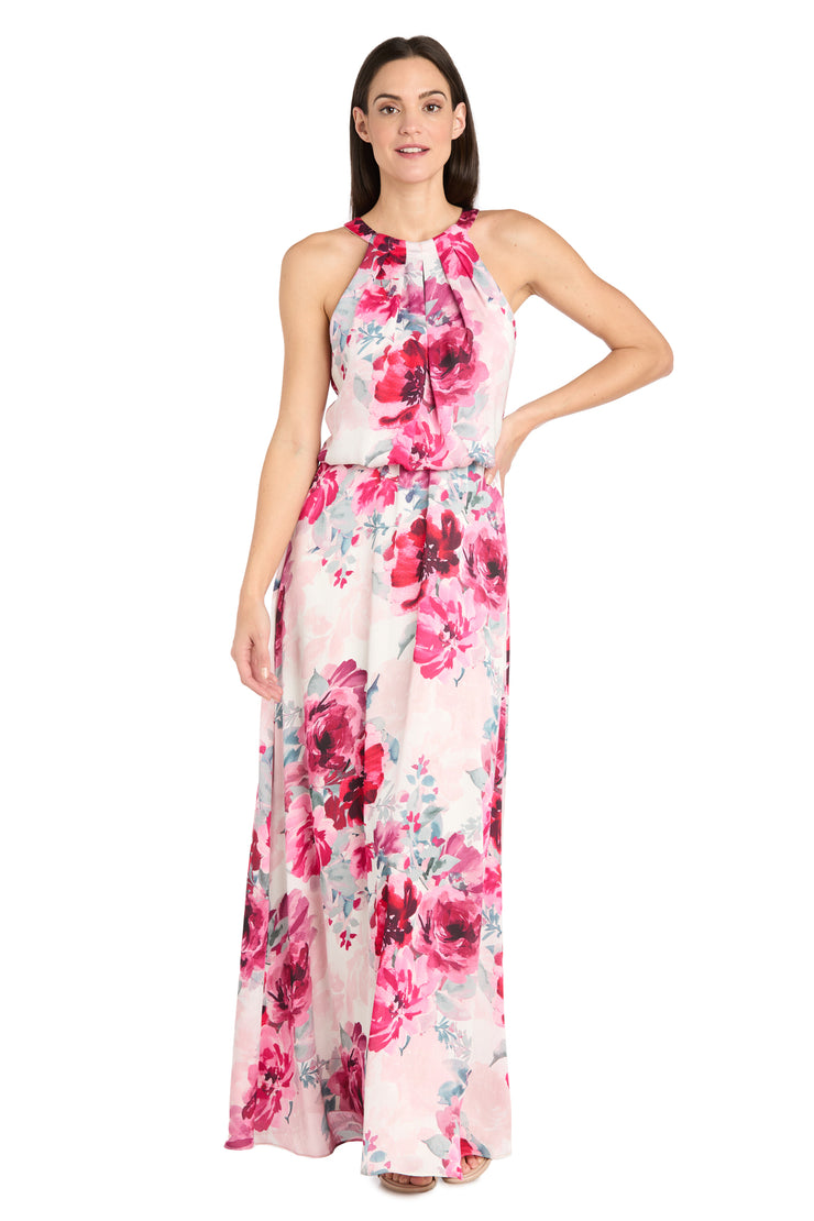 Cream Rose Floral High Halter Neck Long Dress with Elastic Waistband - Petite