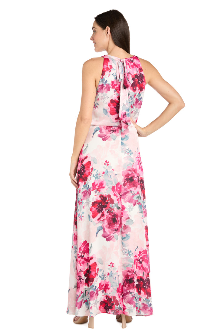 Cream Rose Floral High Halter Neck Long Dress with Elastic Waistband