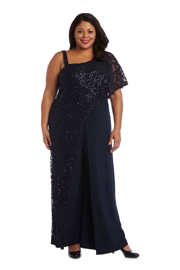 Asymmetric Evening Jumpsuit with Lace and Sequins - Plus