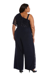 Asymmetric Evening Jumpsuit with Lace and Sequins - Plus