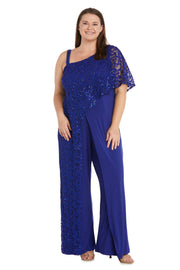 Asymmetric Evening Jumpsuit with Lace and Sequins - Plus