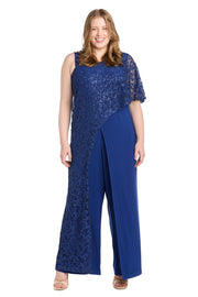 Asymmetric Evening Jumpsuit with Lace and Sequins - Plus