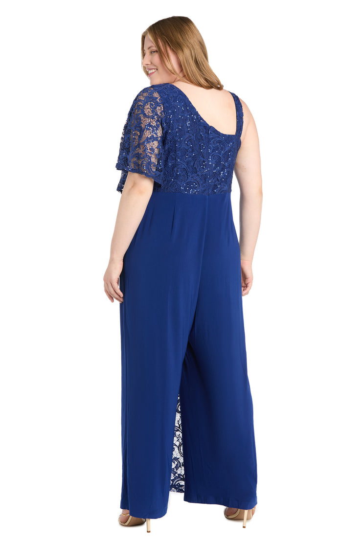 Asymmetric Evening Jumpsuit with Lace and Sequins - Plus