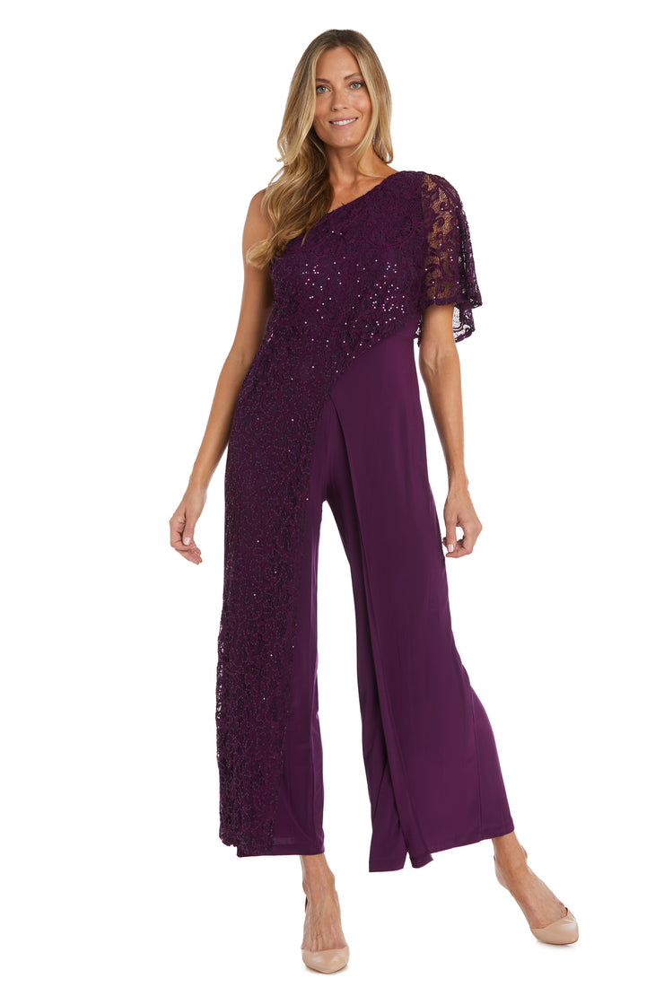Asymmetric Evening Jumpsuit with Lace and Sequins