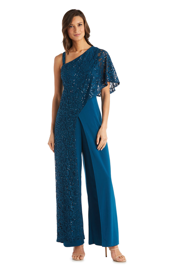 Asymmetric Evening Jumpsuit with Lace and Sequins