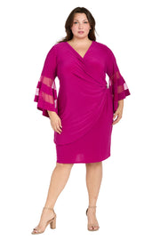 Wraparound Knee-Length Dress with Bell Sleeves - Plus