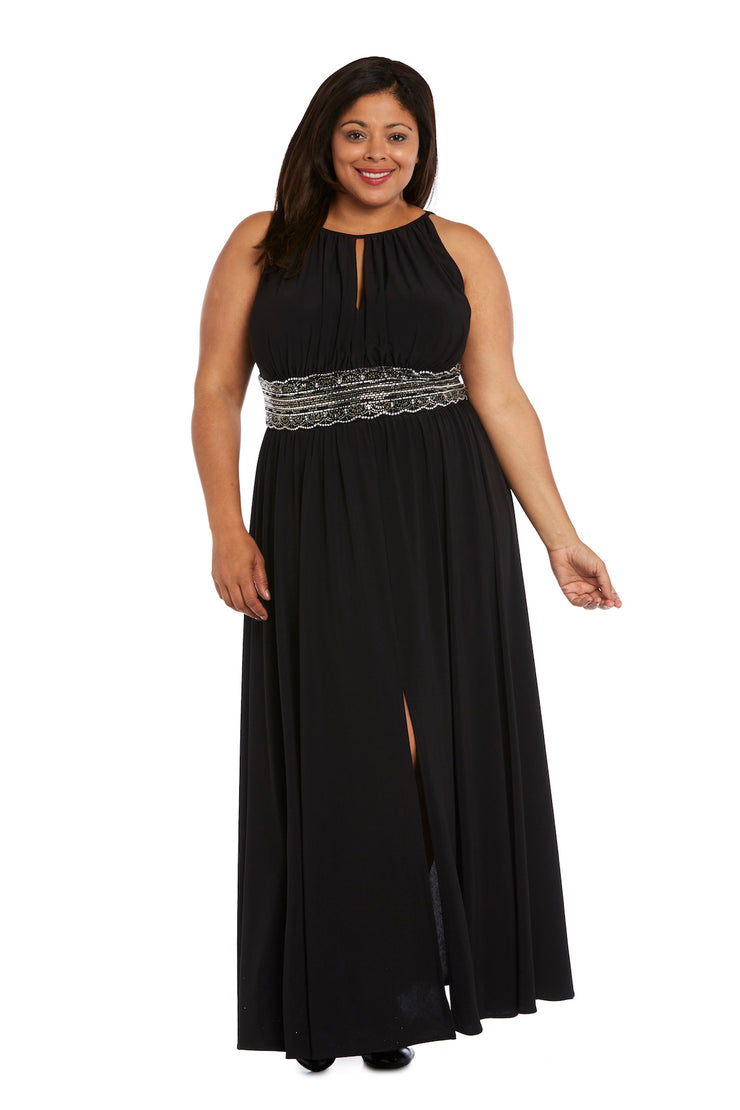 Long Halter Dress With Rhinestone Waistline - Plus