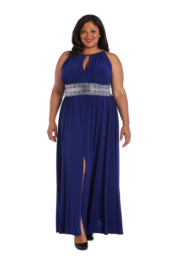 Long Halter Dress With Rhinestone Waistline - Plus