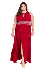 Long Halter Dress With Rhinestone Waistline - Plus