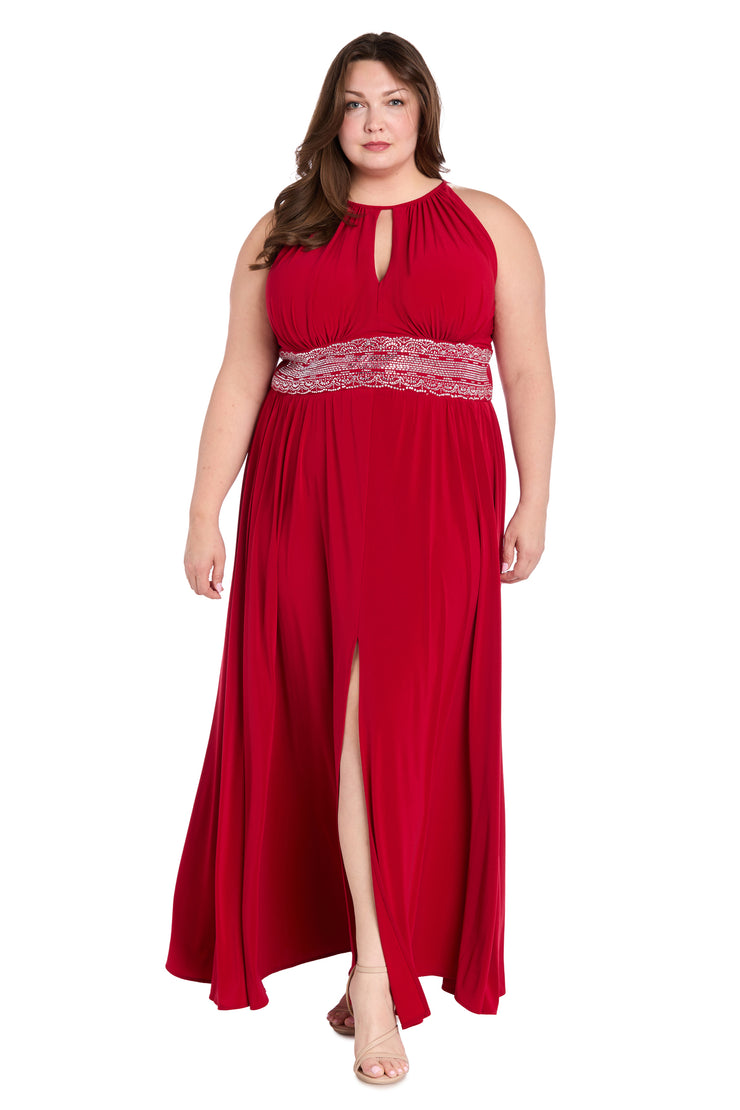 Long Halter Dress With Rhinestone Waistline - Plus