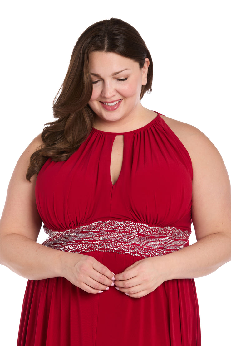 Long Halter Dress With Rhinestone Waistline - Plus