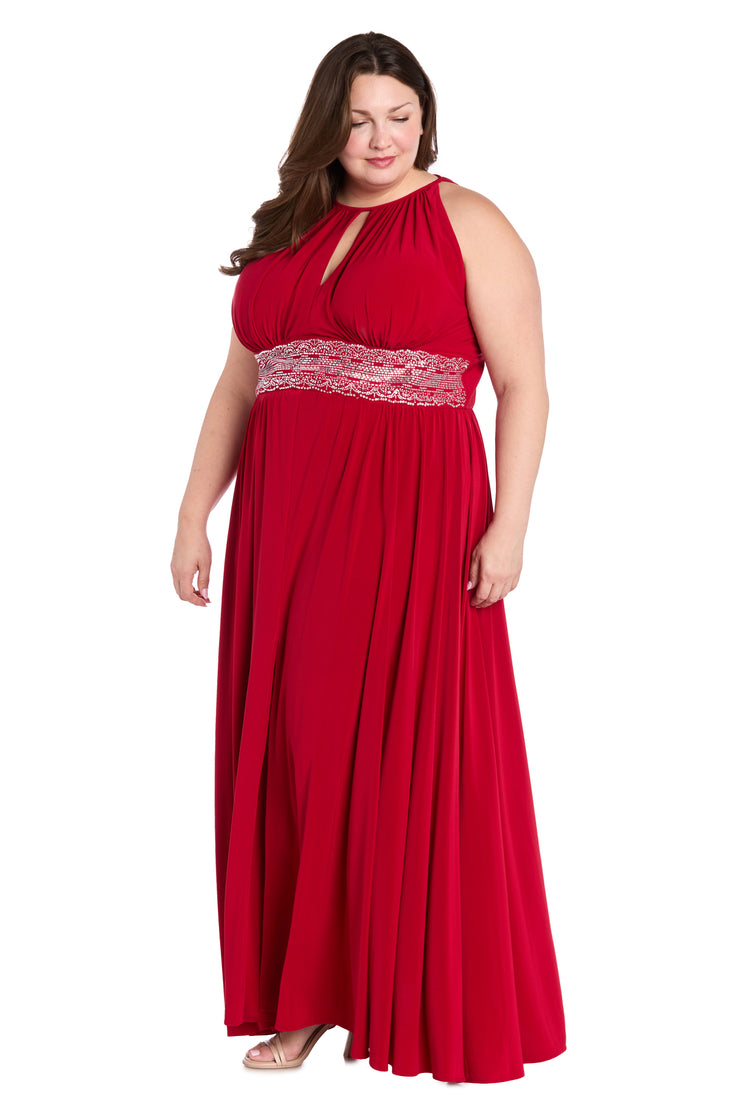Long Halter Dress With Rhinestone Waistline - Plus