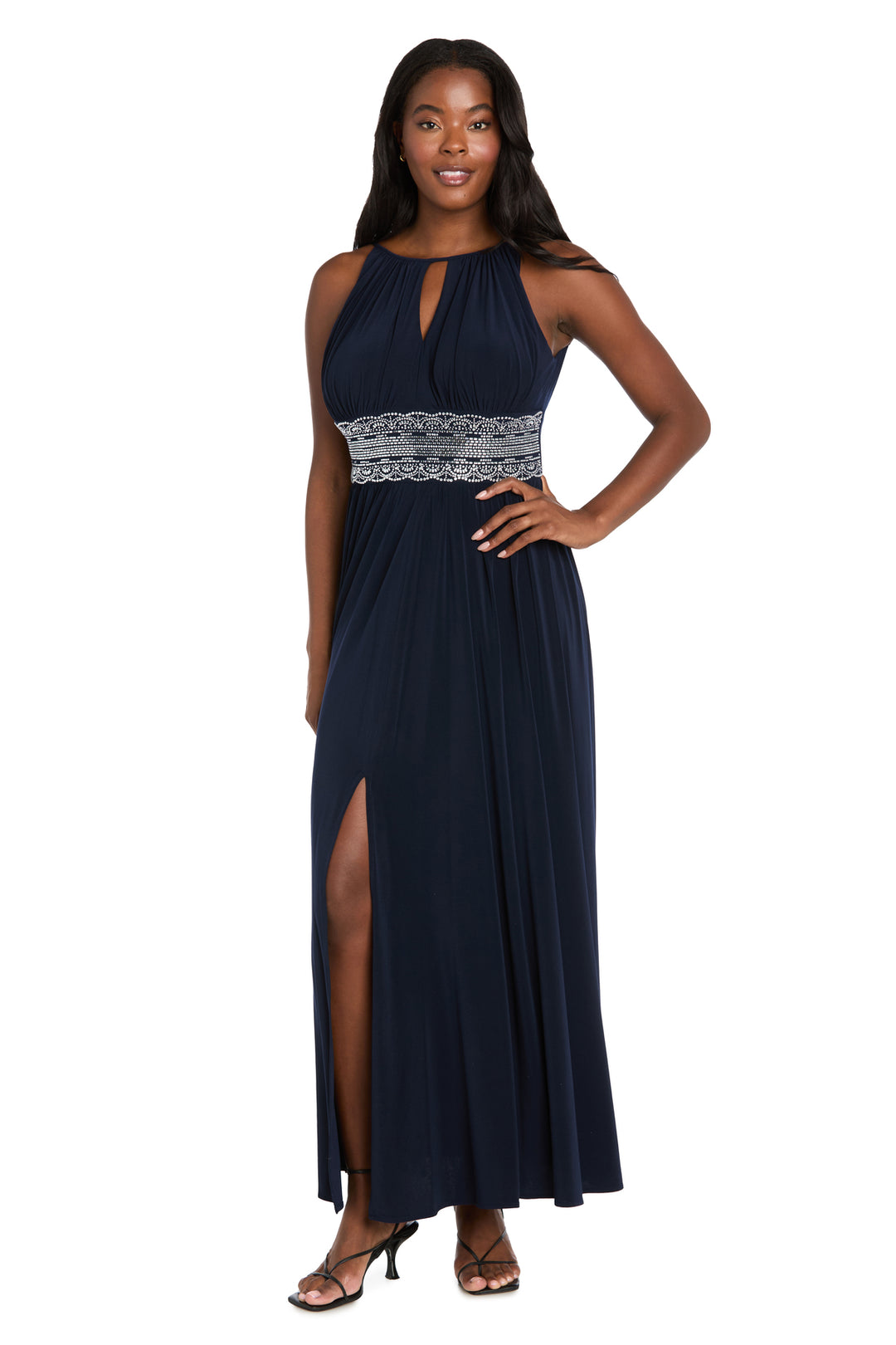 Long Halter Dress With Rhinetone Waistline Navy / 14